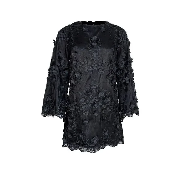 Eva Franco - Black Floral Applique Long Sleeve Mini Dress Sz 4 - Picture 2 of 4